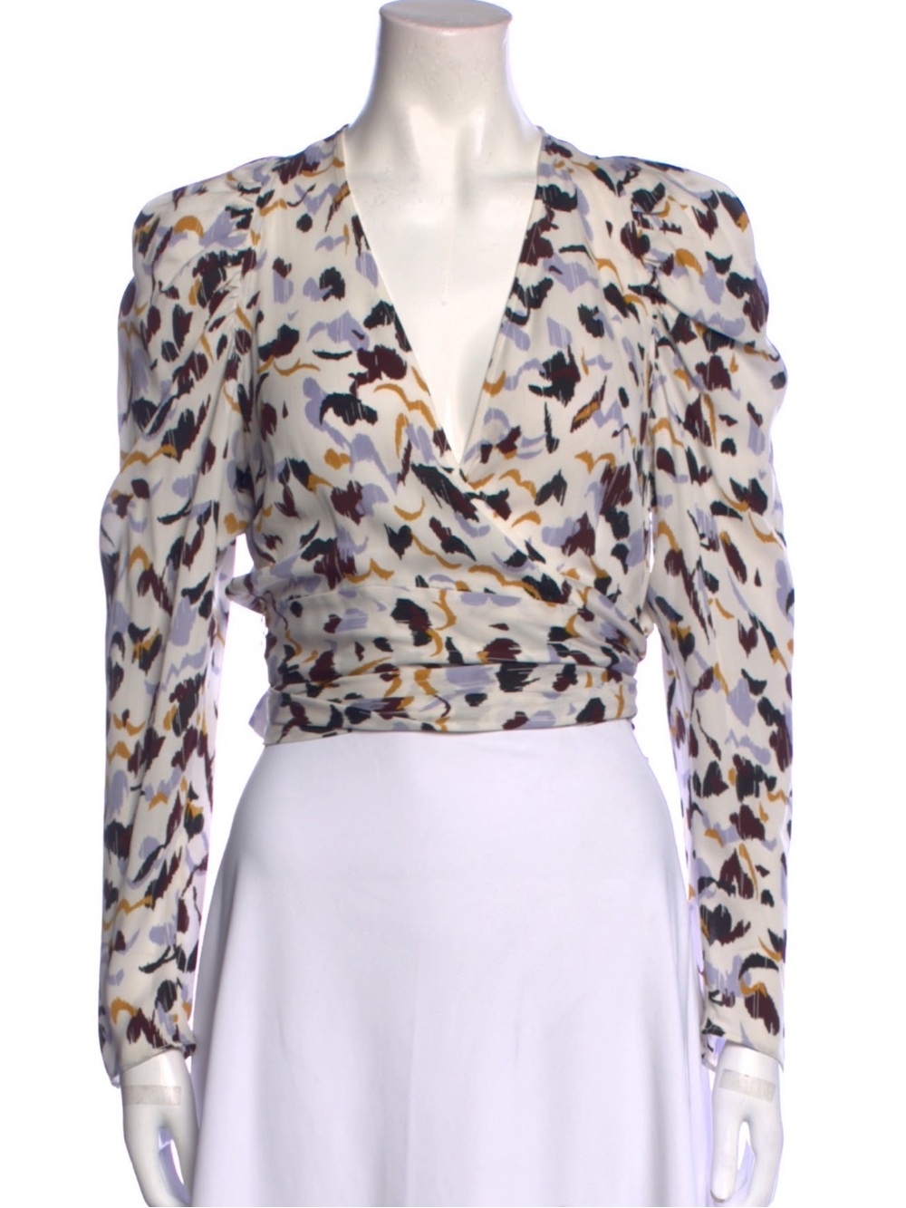 A.L.C. Abstract Print Wrap Blouse in Ivory, Mustard & Black